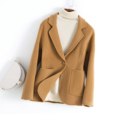 Mùa thu và mùa đông mới áo khoác len cashmere hai mặt ngắn của phụ nữ phong cách Hàn Quốc mỏng phù hợp với cổ áo len áo khoác len
