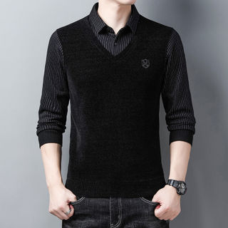 Áo len nam lông cừu và áo len dệt kim hai mảnh giả dày có cổ áo sơ mi nam mùa thu đông ấm áp thay mặt cho