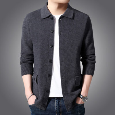 [Factory Outlet] Thời Trang Thu Đông Áo Khoác Cardigan Có Nút Thời Trang Nam Áo Khoác Len Dệt Kim Ve Áo Đa Năng
