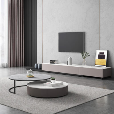 Ý tối giản đá phiến bàn cà phê kết hợp tủ TV ánh sáng có thể mở rộng sang trọng bàn cà phê tròn nhỏ phòng khách căn hộ nhỏ đơn giản