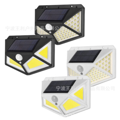 Mới 100LED năng lượng mặt trời đèn tường sạc 4 mặt phát sáng cơ thể con người đèn cảm ứng chiếu sáng ngoài trời đèn sân vườn hiện đại