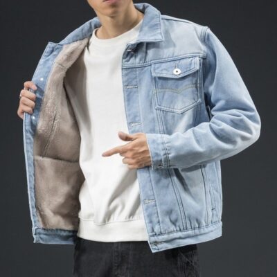Áo khoác denim lông cừu nam mùa thu đông Áo khoác denim dày dáng rộng phong cách Hàn Quốc học sinh hợp thời trang áo khoác đẹp trai
