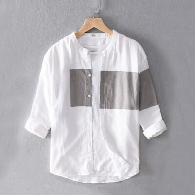 Áo sơ mi cotton và vải lanh kết hợp màu sắc Nhật Bản dành cho nam hợp thời trang ba phần tư tay xu hướng thời trang phiên bản Hàn Quốc tay áo bảy điểm giữa tay áo sơ mi vải lanh
