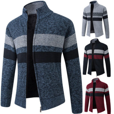 Bán Buôn Áo Len Cardigan Nam Phối Màu Plus Lông Cừu Dày Cổ Dệt Kim Cao Cấp Nam Áo Khoác Ngoài Thời Trang Ấm Áp