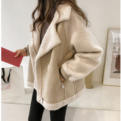 Mùa Đông Mới Ve Áo Lớn Thịt Cừu Áo Khoác Len Rời BF Phong Cách Lông Một Da Lộn Áo Khoác Hợp Thời Trang