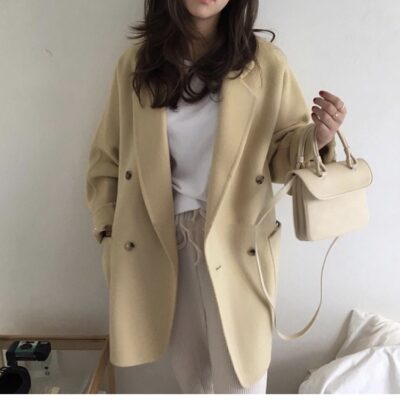 Xả giá đặc biệt áo khoác len ngắn nhỏ màu vàng nhạt Hàn Quốc ins cùng kiểu áo khoác cashmere hai mặt nữ