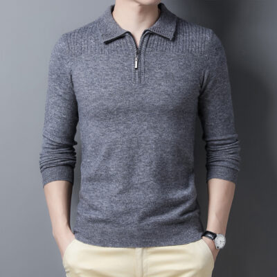 Xu hướng mùa đông áo len nam có ve áo giản dị dành cho người trung niên và thanh niên áo chui đầu dài tay áo len nam Hàn Quốc có khóa kéo