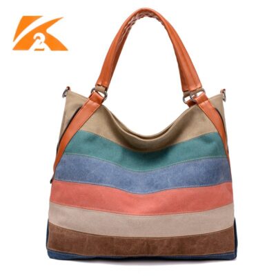 Phong Cách Hàn Quốc Vải Bố Túi Xách Nữ Màu Sắc Tương Phản Túi Sọc Thời Trang Retro Công Suất Lớn Túi Đeo Vai