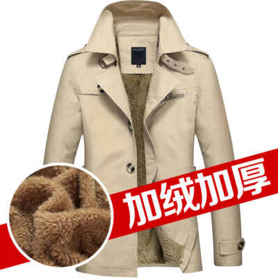 2023 Cotton Áo Khoác Nam Trung Chiều Dài Nỉ Kích Thước Lớn Áo Gió Phối Cotton Giặt Thu Đông Áo Khoác