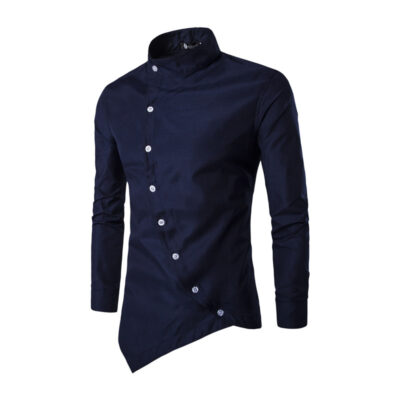 Mùa thu và mùa đông AliExpress thương mại nước ngoài mới của nam giới slim-fit áo sơ mi với túi xéo nhỏ cổ áo đứng dài tay đồng màu không ủi áo sơ mi