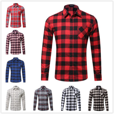 Amazon hot flannel kích thước châu Âu và châu Mỹ túi đơn nam mùa xuân và mùa thu áo sơ mi kẻ sọc bán trực tiếp tại nhà máy