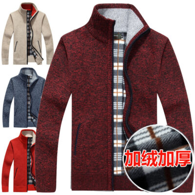 Thương mại nước ngoài mùa thu và mùa xuân giản dị cộng với nhung dày áo len cardigan cổ áo đứng dây kéo áo len cao cổ hợp thời trang áo len nam