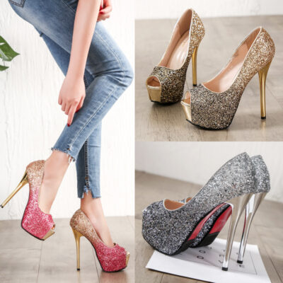 Thời trang sequin màu gradient xu hướng châu Âu và châu Mỹ câu lạc bộ đêm gợi cảm miệng cá đế giày cao gót nền tảng chống thấm nước 9126-19