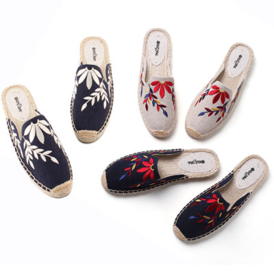 Mới Ống Hút Phẳng Dép Nữ Mũi Tròn Dân Tộc Thêu Giày Lười Vải Lanh Thoáng Khí Cổ Dép Đi Trong Nhà