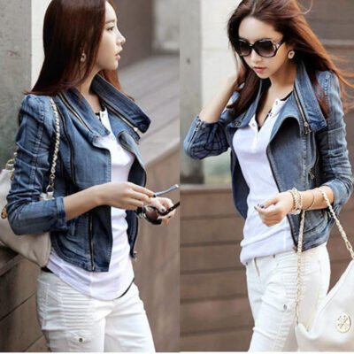 Ngoại thương mùa thu đông Áo khoác denim nữ phong cách retro Hàn Quốc Áo khoác mỏng vừa vặn cho nữ có khóa kéo nguồn ngoại thương ngắn tay dài