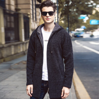 Mùa Đông Mới Nam Dày Áo Len Plus Áo Khoác Nỉ Thanh Niên Có Mũ Giữa Chiều Dài Áo Len Dệt Kim Triều 8306