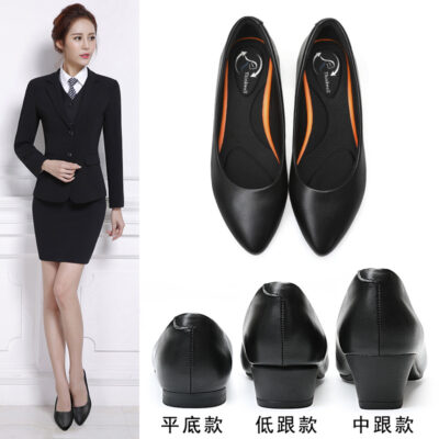 Giày công sở nữ giày da màu đen đế mềm mùa hè giày bệt thoải mái gót vừa dày gót đơn giày nữ làm việc chuyên nghiệp