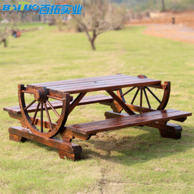 Bàn ghế gỗ ngoài trời chắc chắn bàn ghế ăn sáng tạo sân vườn bàn ghế bánh xe gỗ chống ăn mòn nhà hàng danh lam thắng cảnh bàn ghế gỗ carbon hóa