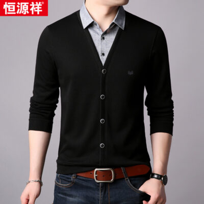 Hengyuanxiang áo thun nam dài tay mùa xuân và mùa thu mỏng giả cổ áo sơ mi hai mảnh áo len áo len đáy áo sơ mi nam hàng đầu