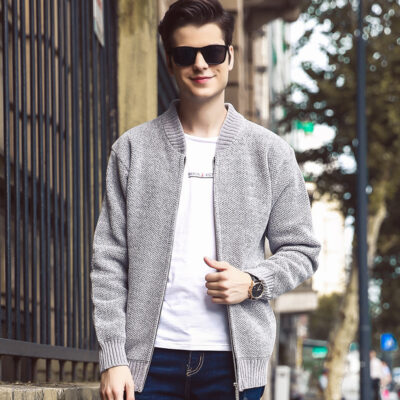 Mùa Đông Đồng Màu Áo Len Cardigan Phối Bóng Chày Cổ Sang Trọng Dày Áo Len Dệt Kim Thanh Niên Nam Ấm Tuyết Áo Len