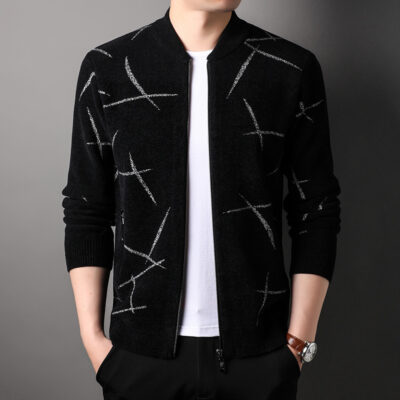 Mùa Thu Đông Áo Len Cardigan Nam Sọc Mới Dạ Nỉ Cổ Đứng Dây Kéo Thể Thao Ngoài Trời Áo Len Nam Áo Khoác Bán Buôn