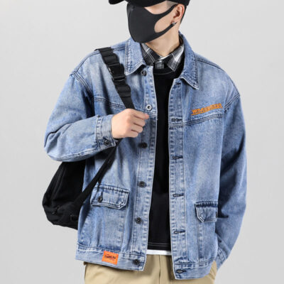 Mùa Xuân Retro Áo Khoác Denim Nam Xu Hướng Cao Cấp Đơn Giản Cổ Có Cổ Denim Thêu Mùa Thu Áo Khoác Hàn Quốc