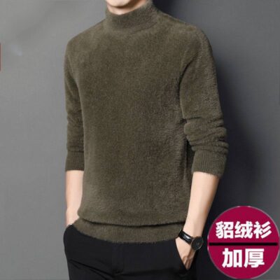 Áo len lông chồn lông cừu cổ cao nửa dày cho nam, áo len cashmere cổ giữa màu trơn, xu hướng mùa đông, áo sơ mi nam có đáy của Hàn Quốc