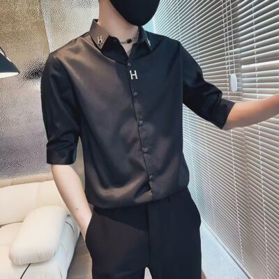 Sơ mi nam lụa băng ngắn tay mùa hè mỏng phần ba tay áo sơ mi nam cao cấp áo sơ mi cao cấp