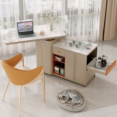 Bàn trà di động phiến đá gia đình xe trà nhỏ đẹp sang trọng hiện đại tối giản màu kem phong cách căn hộ nhỏ ban công kết hợp Bàn trà và ghế