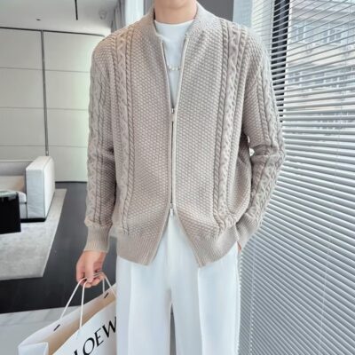 Thiết kế mùa đông cảm giác thích hợp dây kéo cardigan dệt kim nam retro hoa xoắn mùa thu cổ áo bóng chày áo len áo khoác hợp thời trang