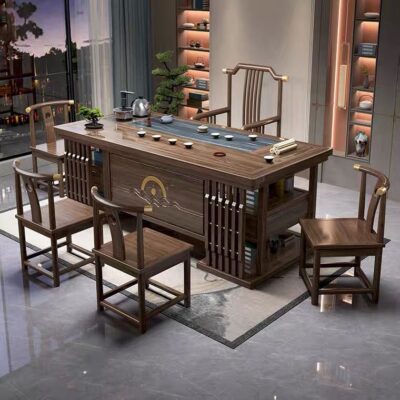 [Source Factory] Bàn ghế trà gỗ nguyên khối phong cách Trung Quốc mới kết hợp phòng khách gia đình với một bộ bàn pha trà và tủ đựng đồ hoàn chỉnh