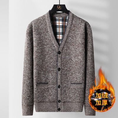 Mới trung niên nam lông cừu cardigan dày len áo len cổ chữ V trung niên và cao tuổi của bố áo khoác dệt kim