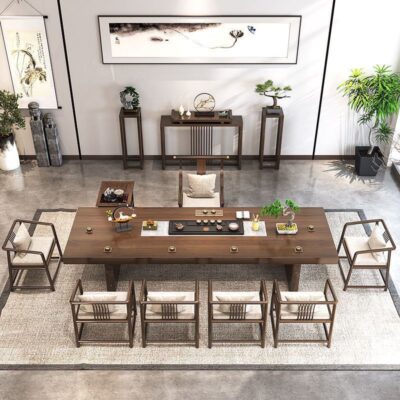 Phong cách Trung Quốc mới bằng gỗ nguyên khối bảng lớn Bàn trà và ghế kết hợp Zen hiện đại tối giản văn phòng phòng khách Bàn trà kung fu Bàn trà