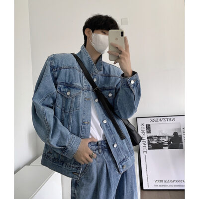 INTFEDAY 22 mùa thu cổ điển cổ điển áo khoác nam denim trẻ trung miếng đệm vai retro rửa sạch denim
