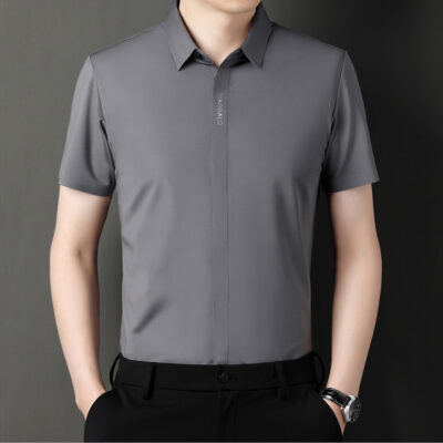 Áo sơ mi ngắn tay liền mạch mùa hè mới được tuyển chọn kỹ lưỡng của Manz lụa miễn phí dành cho người trung niên đi công tác bình thường bố mặc ve áo màu trơn