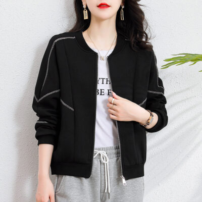 Áo khoác ngắn tay màu đen cổ đứng nữ mùa xuân và mùa thu 2023 mới dáng rộng áo khoác bóng chày áo khoác hàng đầu