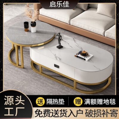 Bàn trà đẹp phiến đá bàn cà phê tối giản hiện đại phòng khách gia đình căn hộ nhỏ có thể thu vào tủ sàn tích hợp kích thước kết hợp hình bầu dục