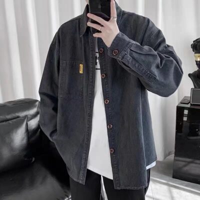 Áo sơ mi denim nam dài tay rộng rãi cộng với kích thước cộng với chất béo cộng với quần áo hợp thời trang mùa xuân và mùa thu áo khoác nam phong cách Hàn Quốc mới