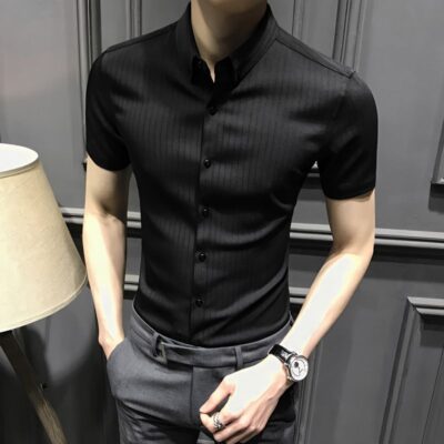 Áo sơ mi nam ngắn tay mới 2023 mùa hè cao cấp kẻ sọc nam sơ mi nửa tay công sở dáng ôm vừa vặn không cần ủi