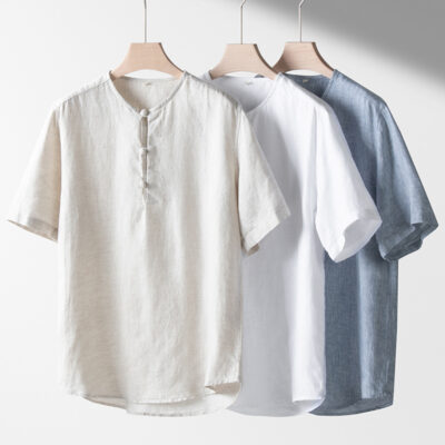 Mùa Hè Vải Lanh Nam Phong Cách Trung Hoa Áo Sơ Mi Ngắn Tay Áo Chui Đầu Cotton Và Lanh Áo Sơ Mi Nam Nhà Máy One Drop 164