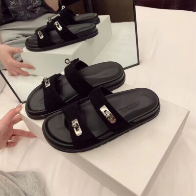 [sheii Su Yinyin] cùng phong cách ~ báo Koho ~ da khóa bạc đôi thắt lưng đế dày dép thường dép nữ