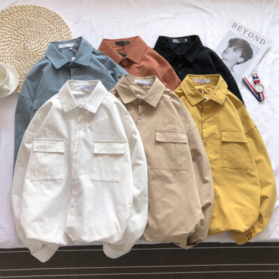 Nhật Bản màu trơn dụng cụ áo sơ mi nam mùa xuân và mùa thu rộng đơn giản có túi lót quần áo hợp thời trang đẹp trai áo khoác dài tay giản dị