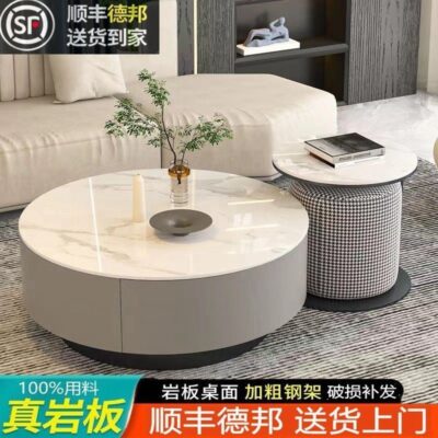 Bàn cà phê gia đình phòng khách tròn phiến đá bàn cà phê phong cách Ý Bàn trà đẹp đơn giản kết hợp căn hộ nhỏ tối giản bàn trà màu đỏ