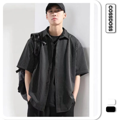 Áo sơ mi sọc nam dáng rộng ngắn tay mùa hè băng lụa áo cardigan nam hợp thời trang áo khoác nửa tay cỡ lớn xếp nếp áo sơ mi