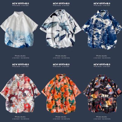 Retro Mỹ Vintage Nhật Bản Hoa Áo Sơ Mi Nam Ngắn Tay Mùa Hè Hồng Kông Phong Cách Kẻ Lưu manh Đẹp Trai Rời Cặp Đôi Đi Biển Áo Sơ Mi