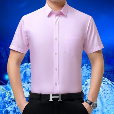 Năm 2023 Nam Ngắn Tay Áo Sơ Mi Lụa Dâu Nam Công Sở Mùa Hè Không Ủi Áo Liền Quần Đồng Màu Tất Cả Trận Đấu áo Sơ Mi