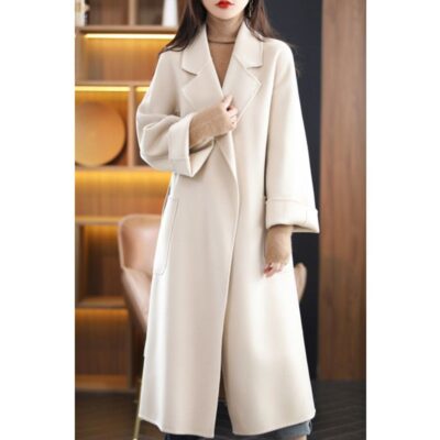 Áo khoác cashmere chống mùa 2 mặt áo khoác len nữ dài trung bình 2023 màu lạc đà size lớn thu đông áo khoác len