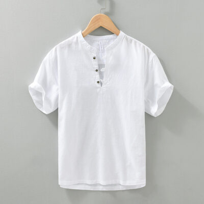 Năm 1242 Phong Cách Trung Hoa Vải Lanh Cotton Nam Áo Sơ Mi Ngắn Tay Màu Nhỏ Cổ Áo Sơ Mi Linen nam Cao Cấp