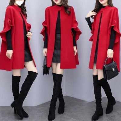 Nữ Mới Size Lớn Chiều Dài Trung Bình Áo Khoác Len Nữ Màu Đỏ Từ Anh Áo Khoác Len Đỏ Trung Quốc