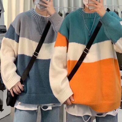 Áo len nam màu sắc tương phản phong cách Hồng Kông mùa thu đông áo len chui đầu rộng theo xu hướng Áo len phù hợp với học sinh Hàn Quốc
